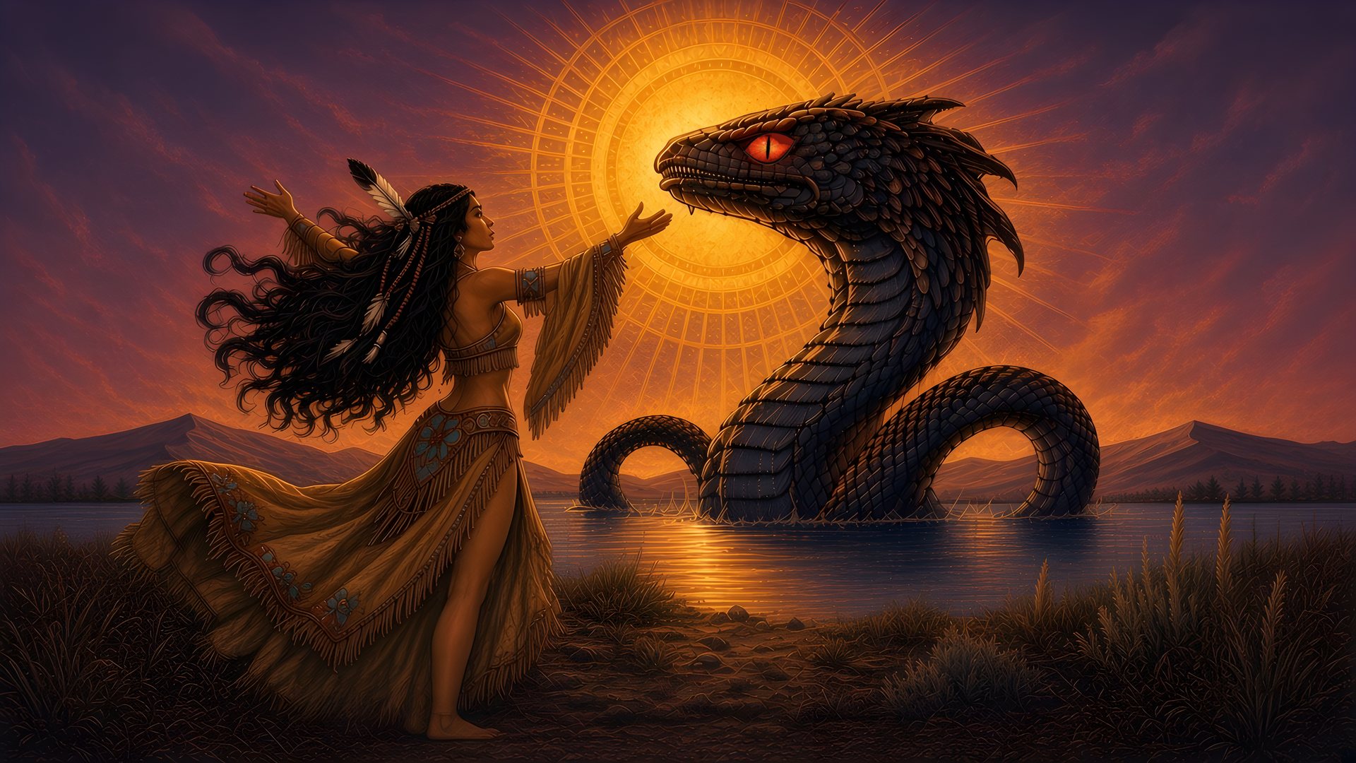Painted 1980s fantasy-poster scene: a Native American woman in a fringed dress reaches toward a giant dark serpent with a glowing red eye rising from a lake, framed by a blazing sunset sun and mountains.