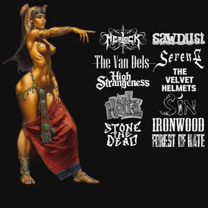 Sludge Fest Year One shirt back design on black: a gold-adorned Cleopatra-style figure pointing beside the band logos for Merlock, Sawdust, The Van Dels, Serene, High Strangeness, The Velvet Helmets, NOLTē, Sin, Stone the Dead, Ironwood and Forest of Hate