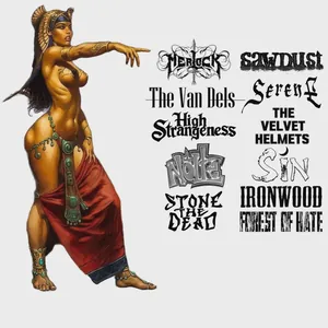 Sludge Fest Year One shirt back design on a light background: a gold-adorned Cleopatra-style figure pointing beside the band logos for Merlock, Sawdust, The Van Dels, Serene, High Strangeness, The Velvet Helmets, NOLTē, Sin, Stone the Dead, Ironwood and Forest of Hate