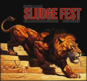 Sludge Fest Year One shirt front design: a lion prowling down stone steps beneath the words 1st Annual Sludge Fest, Camas Cove Cellars, 5-30-2026