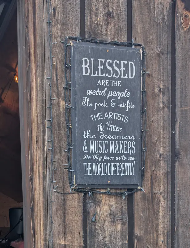 “Blessed are the weird people…”, the sign at Camas Cove Cellars